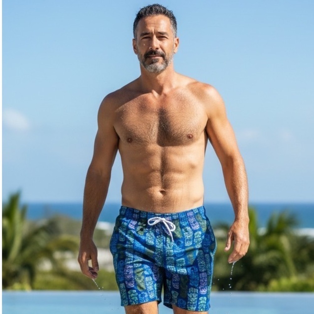 Bearbottom Clothing Mens Tiki Mask Swim Trunks Blue Green‎ 7 Inch Inseam Large